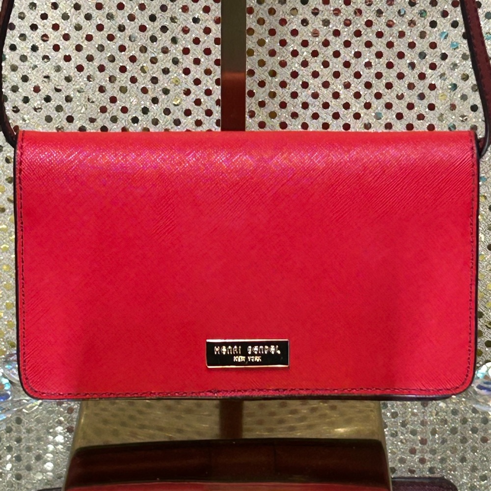 Henri Bendel Red Saffiano Leather Crossbody Bag Approx. 7 x 4